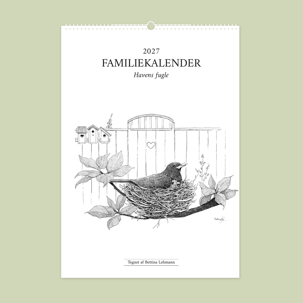 2027 familiekalender. Havens fugle. 12 håndtegnede illustrationer af Bettina Lehmann. 6 kolonner