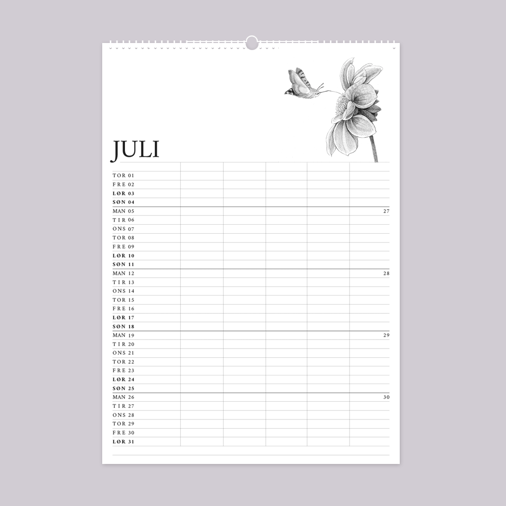 2027 familiekalender. Livet i den vilde have. 12 håndtegnede illustrationer af Bettina Lehmann. Duehale