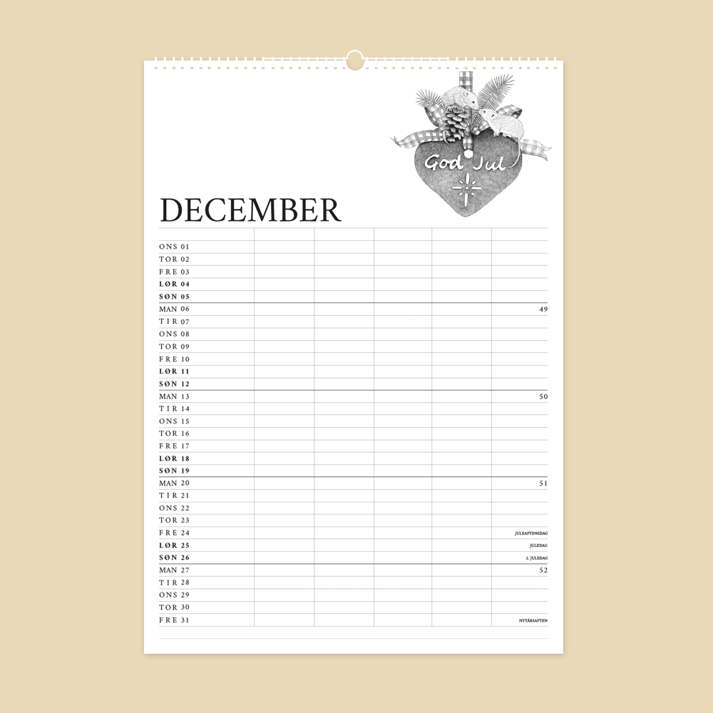 2027 familiekalender. Livet på gården. 12 håndtegnede illustrationer af Bettina Lehmann. Honninghjerte med mus
