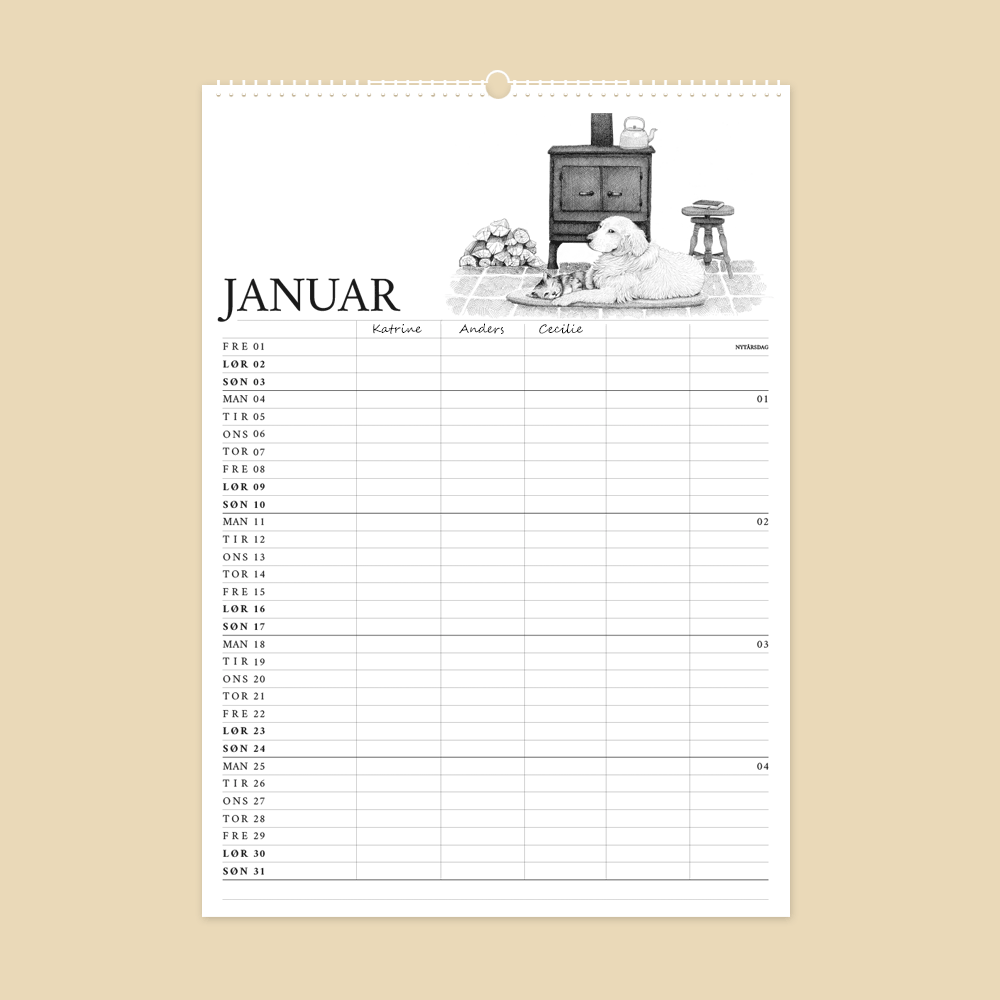2027 familiekalender. Livet på gården. 12 håndtegnede illustrationer af Bettina Lehmann. Indendørshygge med brændeovn, hund og kat