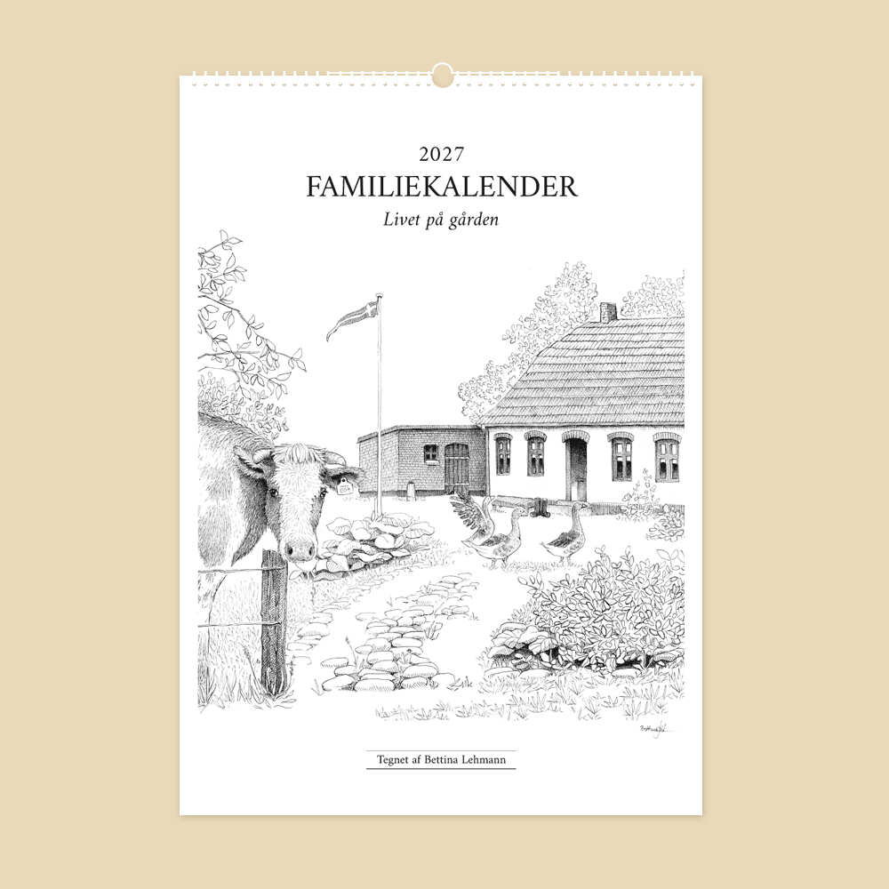 2027 familiekalender. Livet på gården. 12 håndtegnede illustrationer af Bettina Lehmann. 6 kolonner