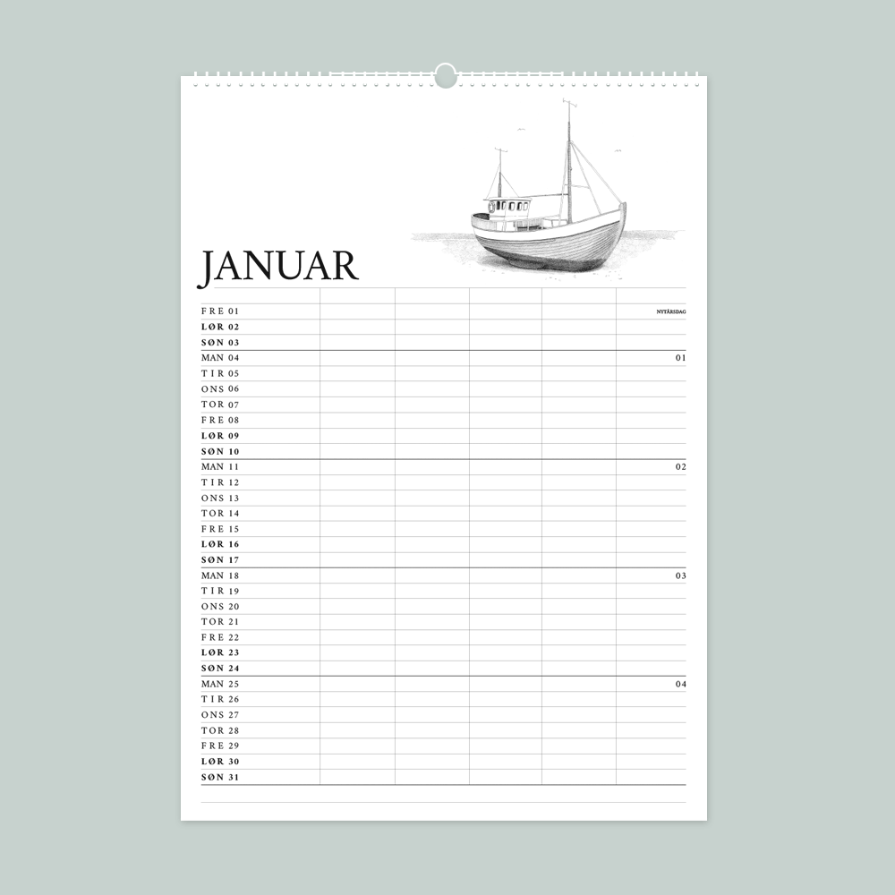 2027 Familiekalender Livet ved havet med håndtegnede illustrationer af Bettina Lehmann. Fiskekutter