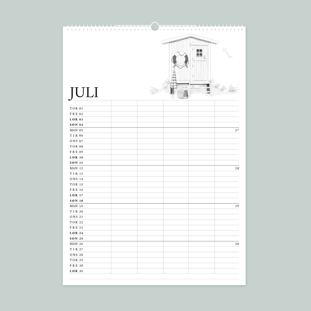 2027 Familiekalender Livet ved havet med håndtegnede illustrationer af Bettina Lehmann. Badhus