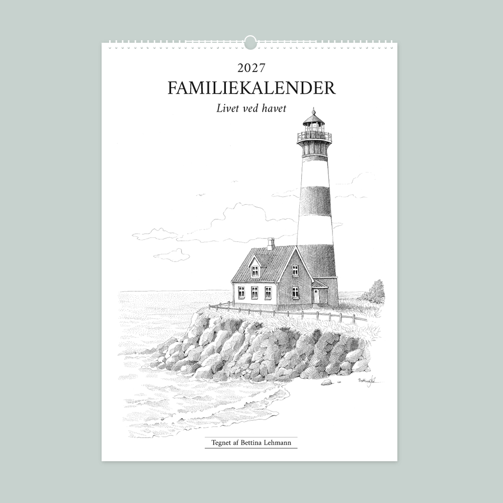 2027 kalender. Livet ved havet og den danske kyst. 12 håndtegnede illustrationer af Bettina Lehmann. 6 kolonner.