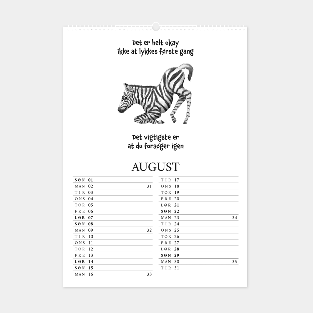 Kalender 2027 med citater og håndtegnede illustrationer, 'Det er helt okay ikke at lykkes første gang. Det vigtigste er at du forsøger igen'