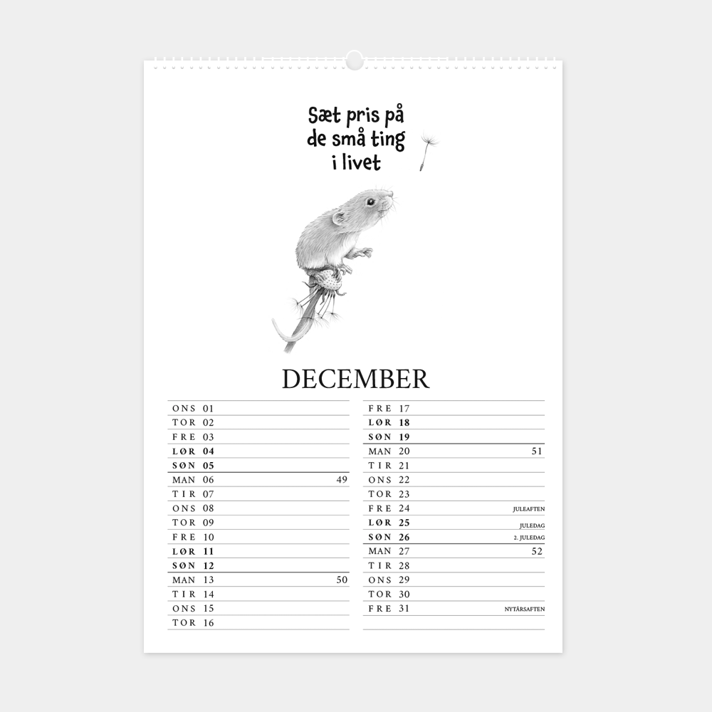 Kalender 2027 med citater og håndtegnede illustrationer, 'Sæt pris på de små ting i livet'