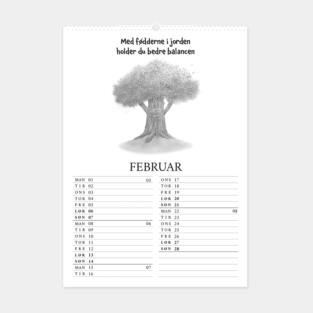 Kalender 2027 med citater og håndtegnede illustrationer, 'Med fødderne i jorden holder du bedre balancen'