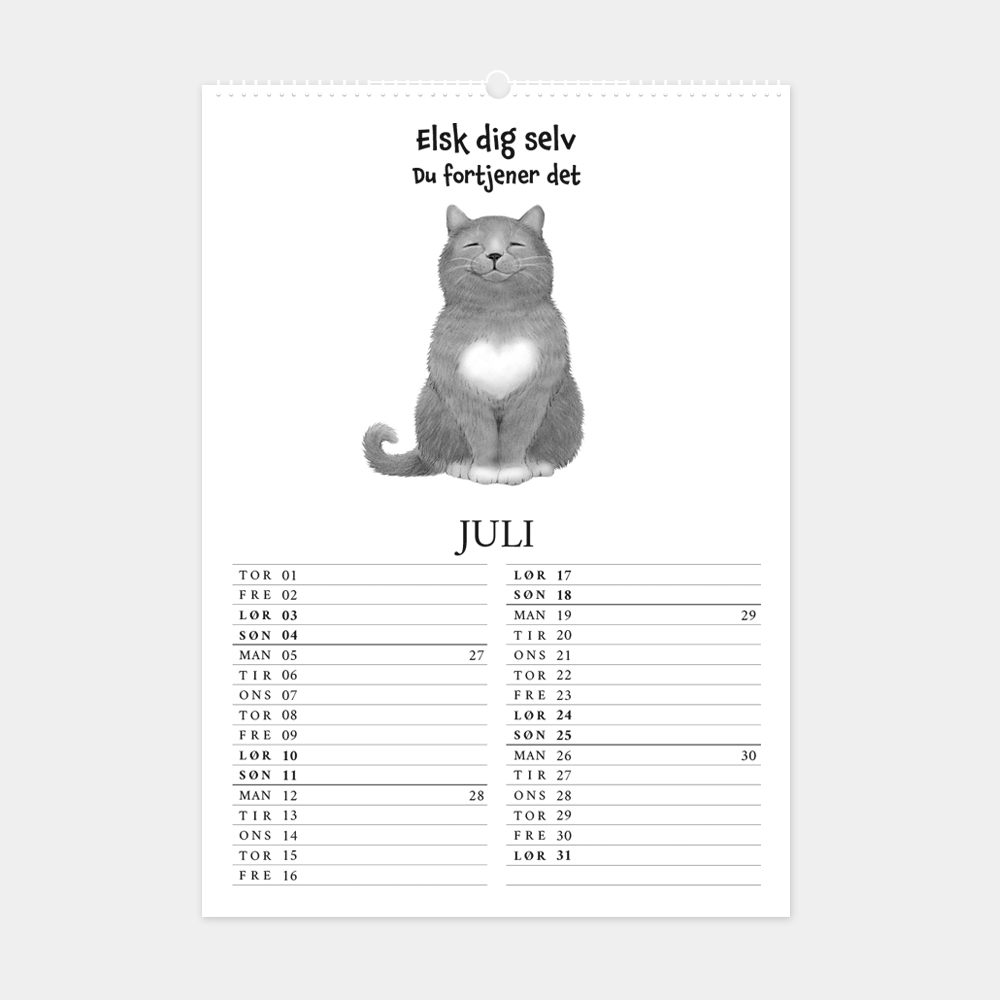 Kalender 2027 med citater og håndtegnede illustrationer, 'Elsk dig selv. Du fortjener det'