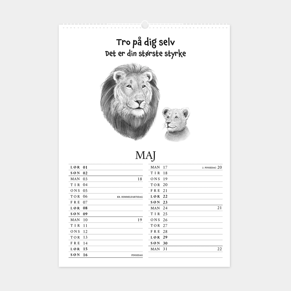 Kalender 2027 med citater og håndtegnede illustrationer, 'Tro på dig selv. Det er din største styrke'