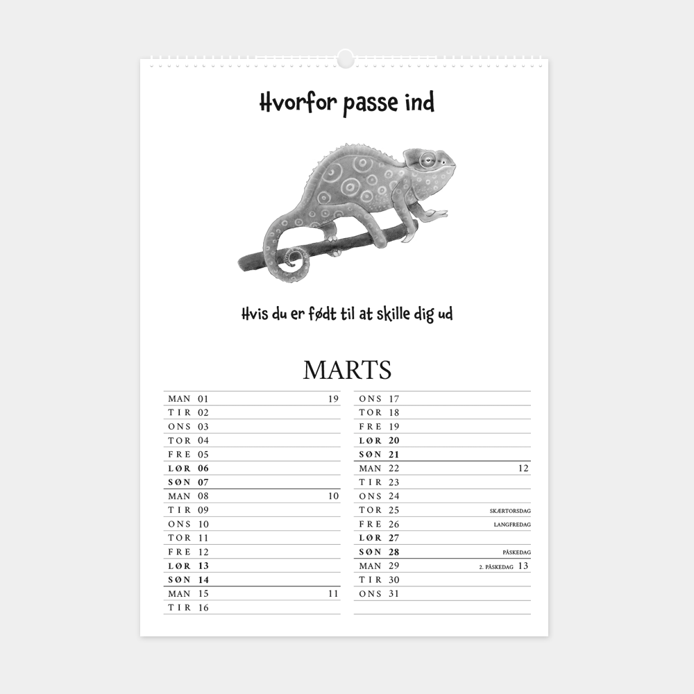 Kalender 2027 med citater og håndtegnede illustrationer, 'Hvorfor passe ind, hvis du er født til at skille du ud'
