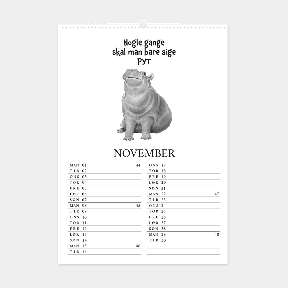Kalender 2027 med citater og håndtegnede illustrationer, 'Nogle gange skal man bare sige pyt'