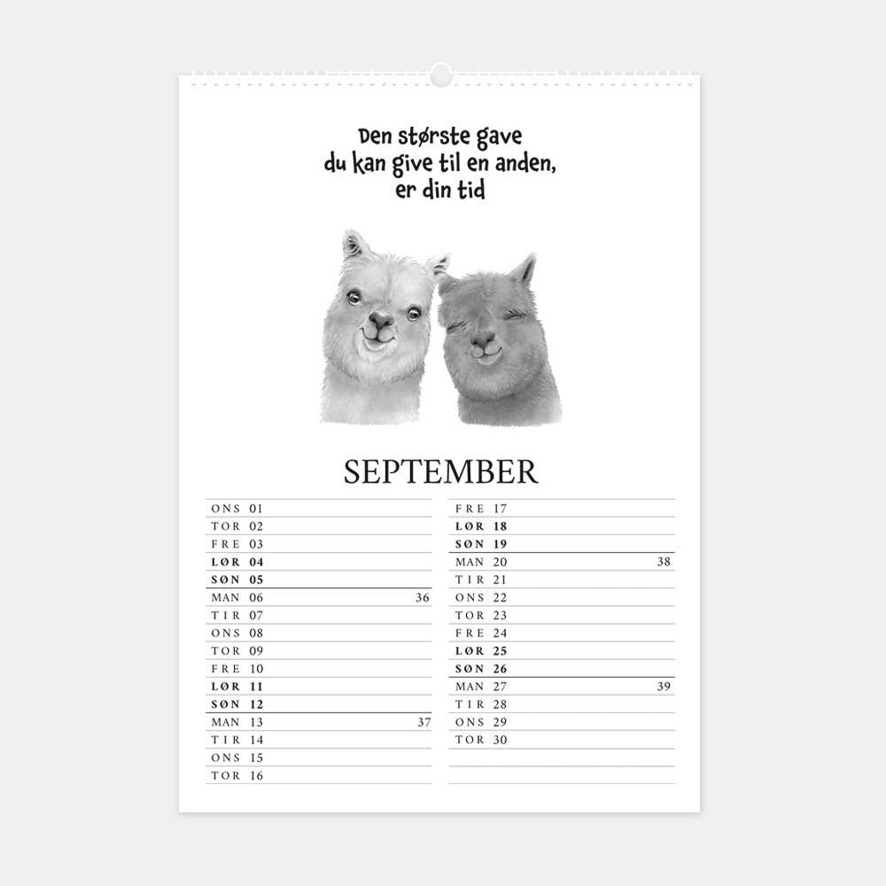 Kalender 2027 med citater og håndtegnede illustrationer, 'Den største gave du kan give en anden, er din tid'