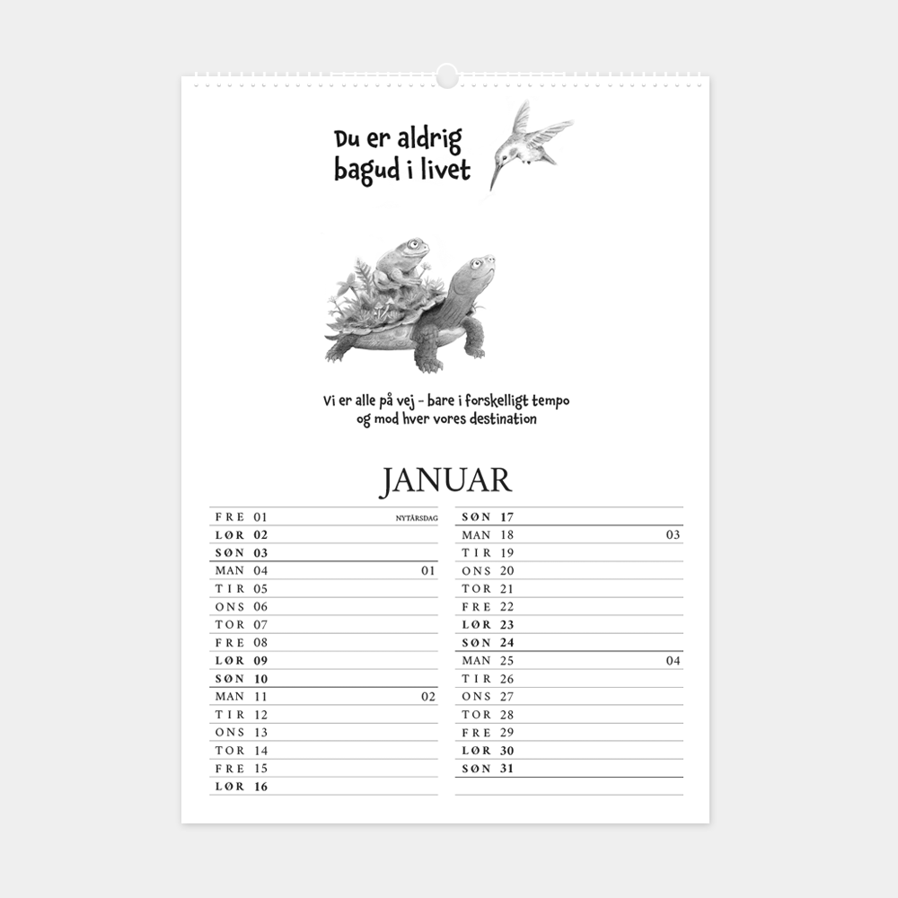 Kalender 2027 med citater og håndtegnede illustrationer, januar 'Du er aldrig bagud i livet. Vi er alle på vej - bare i forskelligt tempo og mod hver vores destination'
