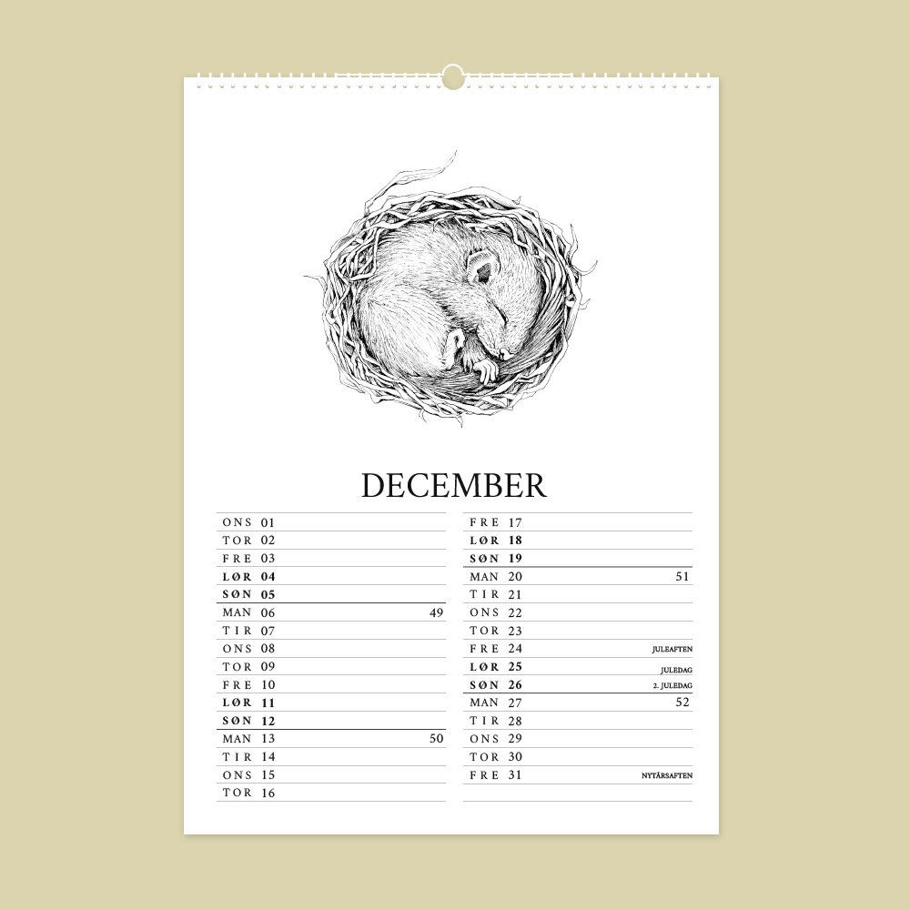 2027 kunstkalender. Dyr fra den danske natur. 12 håndtegnede illustrationer af Bettina Lehmann. Hasselmus i december