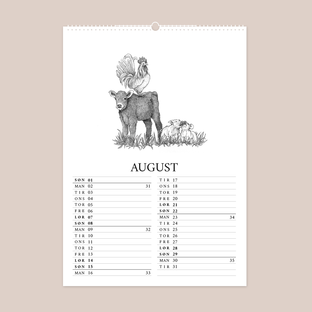 Kalender 2027 med håndtegnede illustrationer af Bettina Lehmann. Hane, kalv og griseunger