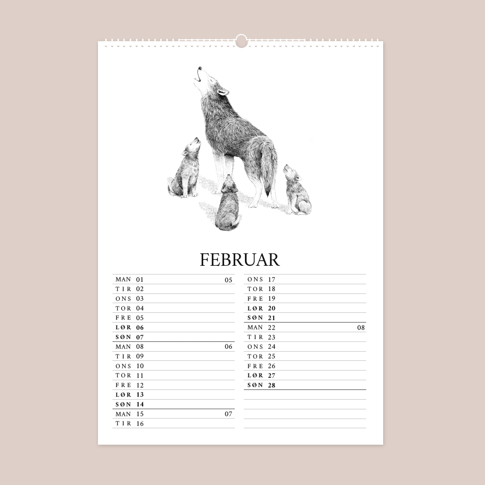 Kalender 2027 med håndtegnede illustrationer af Bettina Lehmann. Ulv og dens unger