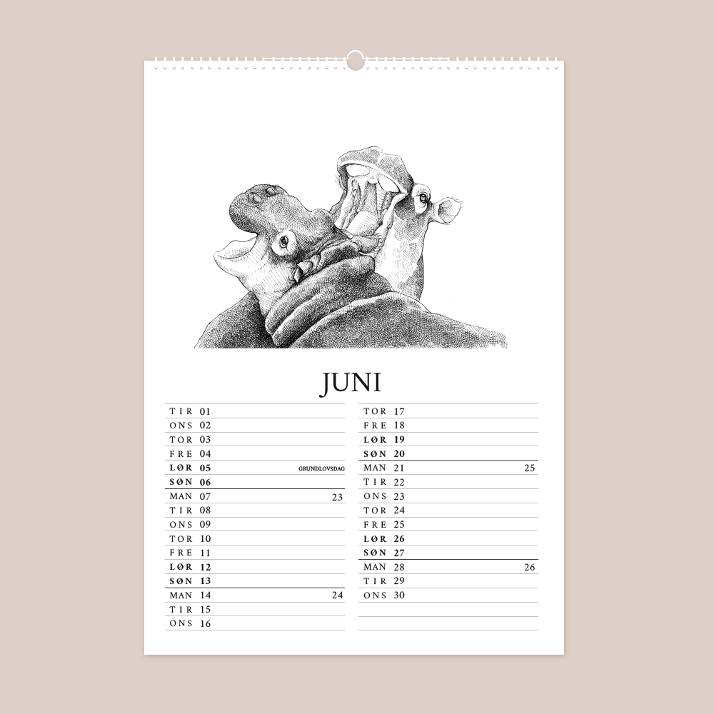 Kalender 2027 med håndtegnede illustrationer af Bettina Lehmann. Flodheste