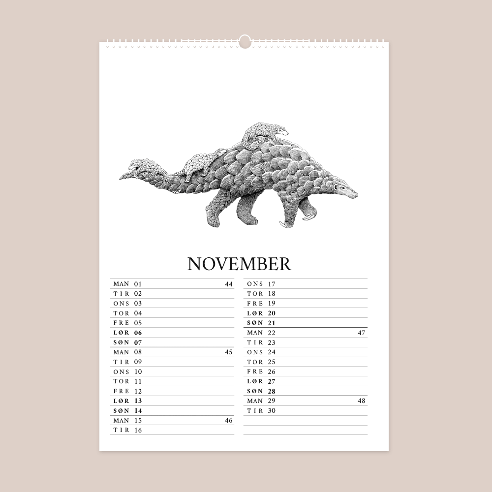 Kalender 2027 med håndtegnede illustrationer af Bettina Lehmann. Skældyr og unger