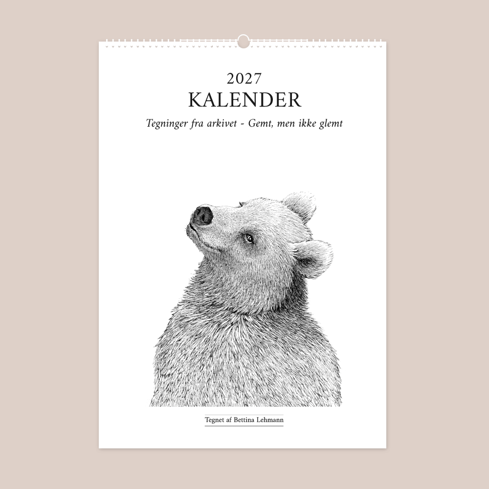 Kalender 2027 med håndtegnede illustrationer af Bettina Lehmann. Tegninger fra tegneskuffen.