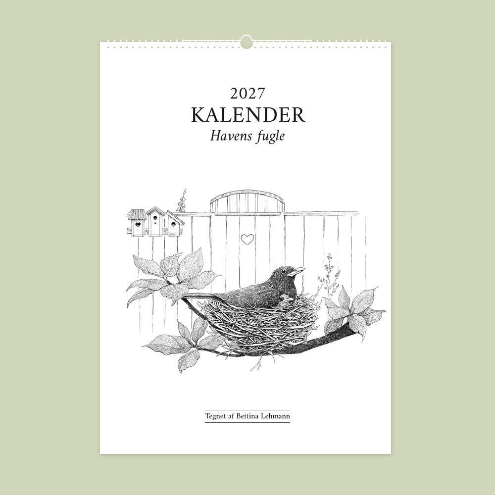 2027 kunstkalender. Havens fugle. 12 håndtegnede illustrationer af Bettina Lehmann.
