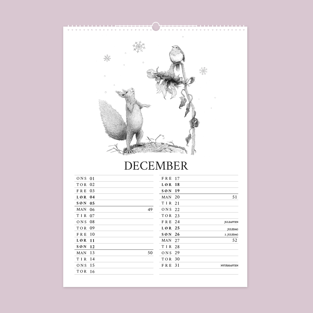 2027 kunstkalender. Livet i den vilde have. 12 håndtegnede illustrationer af Bettina Lehmann. Rødkælk og egern ved visnet solsikke