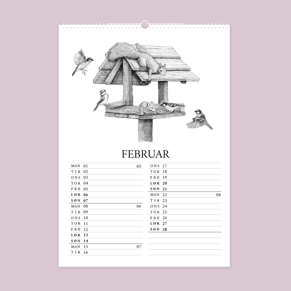 2027 kunstkalender. Livet i den vilde have. 12 håndtegnede illustrationer af Bettina Lehmann. Foderbræt med egern, blåmejser og gråspurve