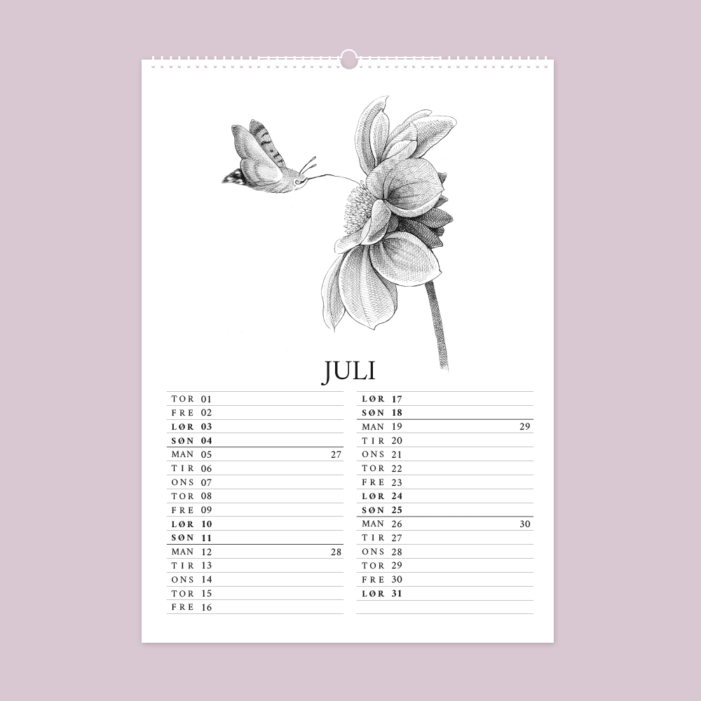 2027 kunstkalender. Livet i den vilde have. 12 håndtegnede illustrationer af Bettina Lehmann. Duehale