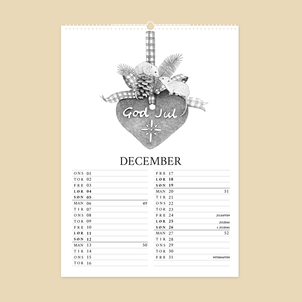 2027 kunstkalender. Livet på gården. 12 håndtegnede illustrationer af Bettina Lehmann. Honninghjerte med mus