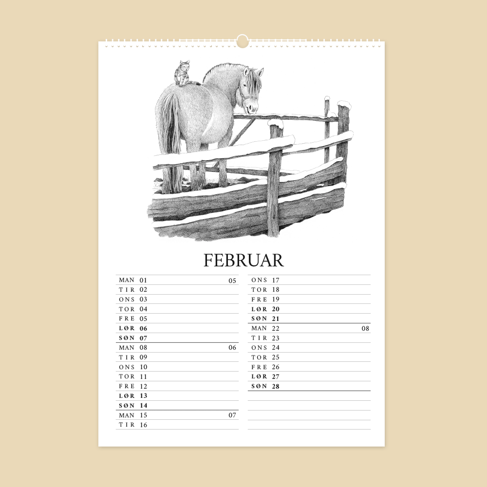 2027 kunstkalender. Livet på gården. 12 håndtegnede illustrationer af Bettina Lehmann. Nordbagge på fold
