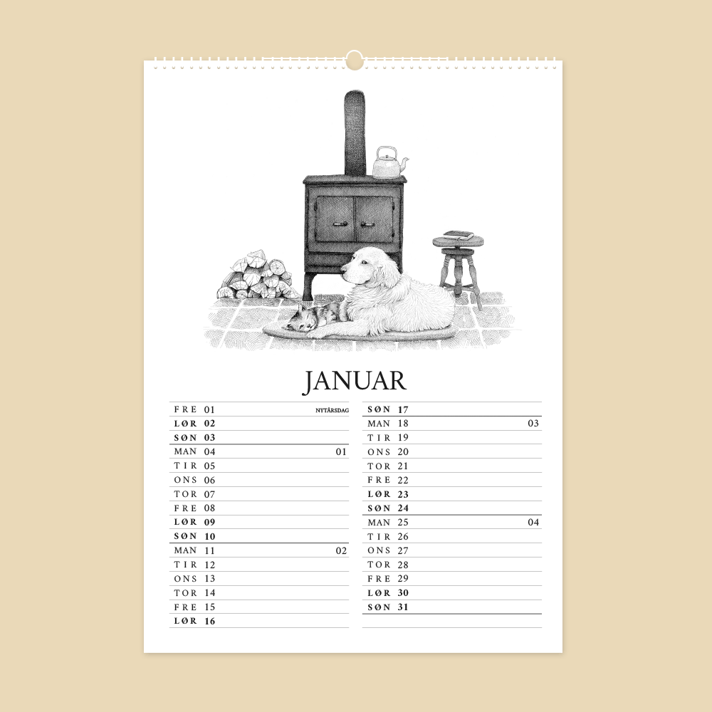 2027 kunstkalender. Livet på gården. 12 håndtegnede illustrationer af Bettina Lehmann. Indendørshygge med brændeovn, hund og kat
