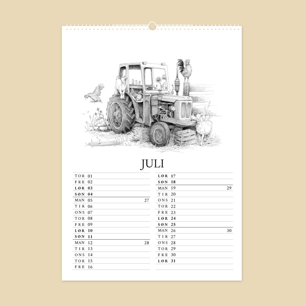 2027 kunstkalender. Livet på gården. 12 håndtegnede illustrationer af Bettina Lehmann. Gammel traktor