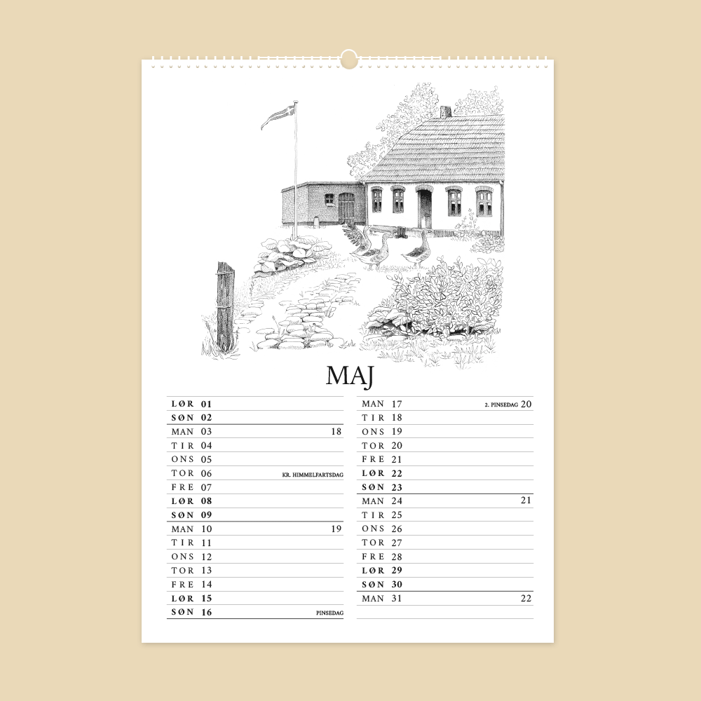 2027 kunstkalender. Livet på gården. 12 håndtegnede illustrationer af Bettina Lehmann. Bondehus