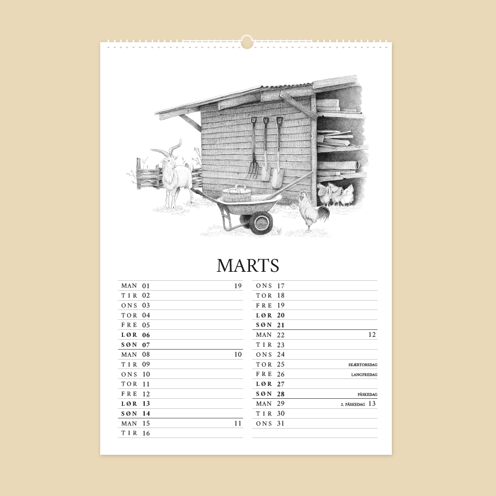 2027 kunstkalender. Livet på gården. 12 håndtegnede illustrationer af Bettina Lehmann. Forårsklargøring med høns og ged