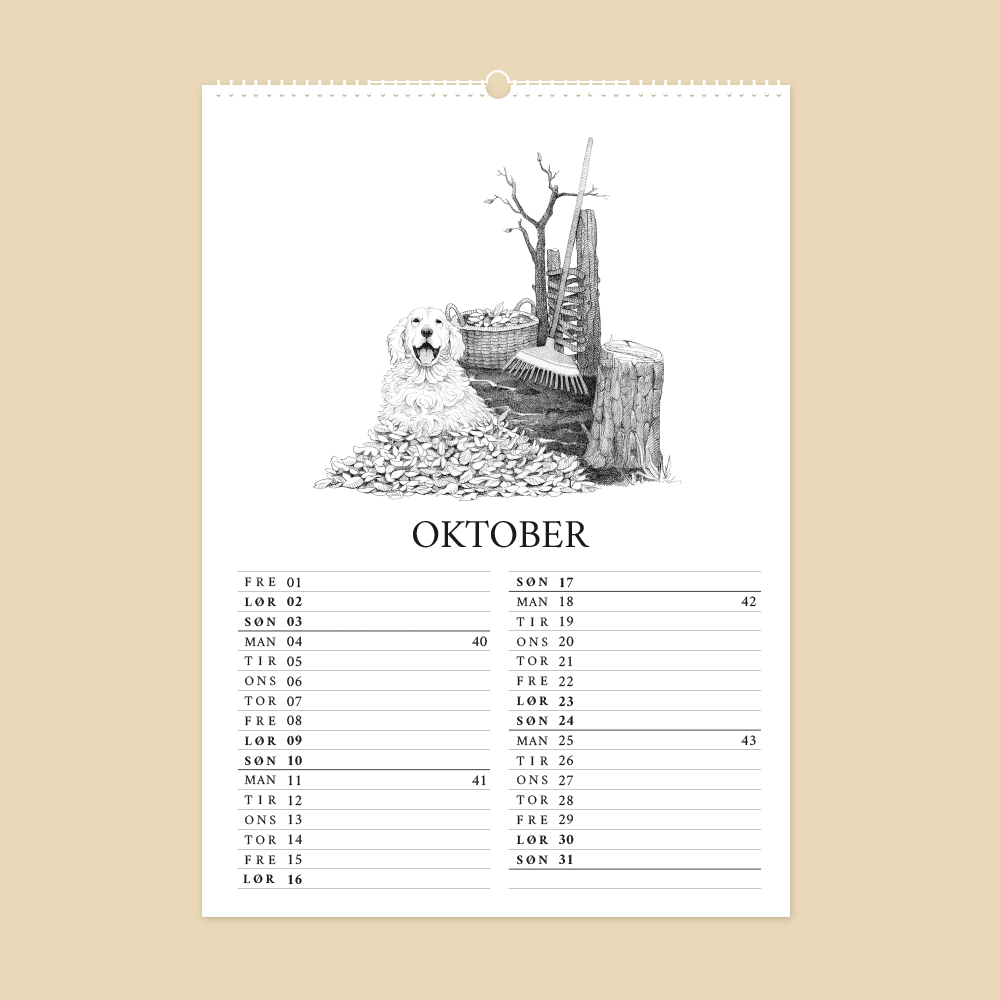 2027 kunstkalender. Livet på gården. 12 håndtegnede illustrationer af Bettina Lehmann. Havearbejde