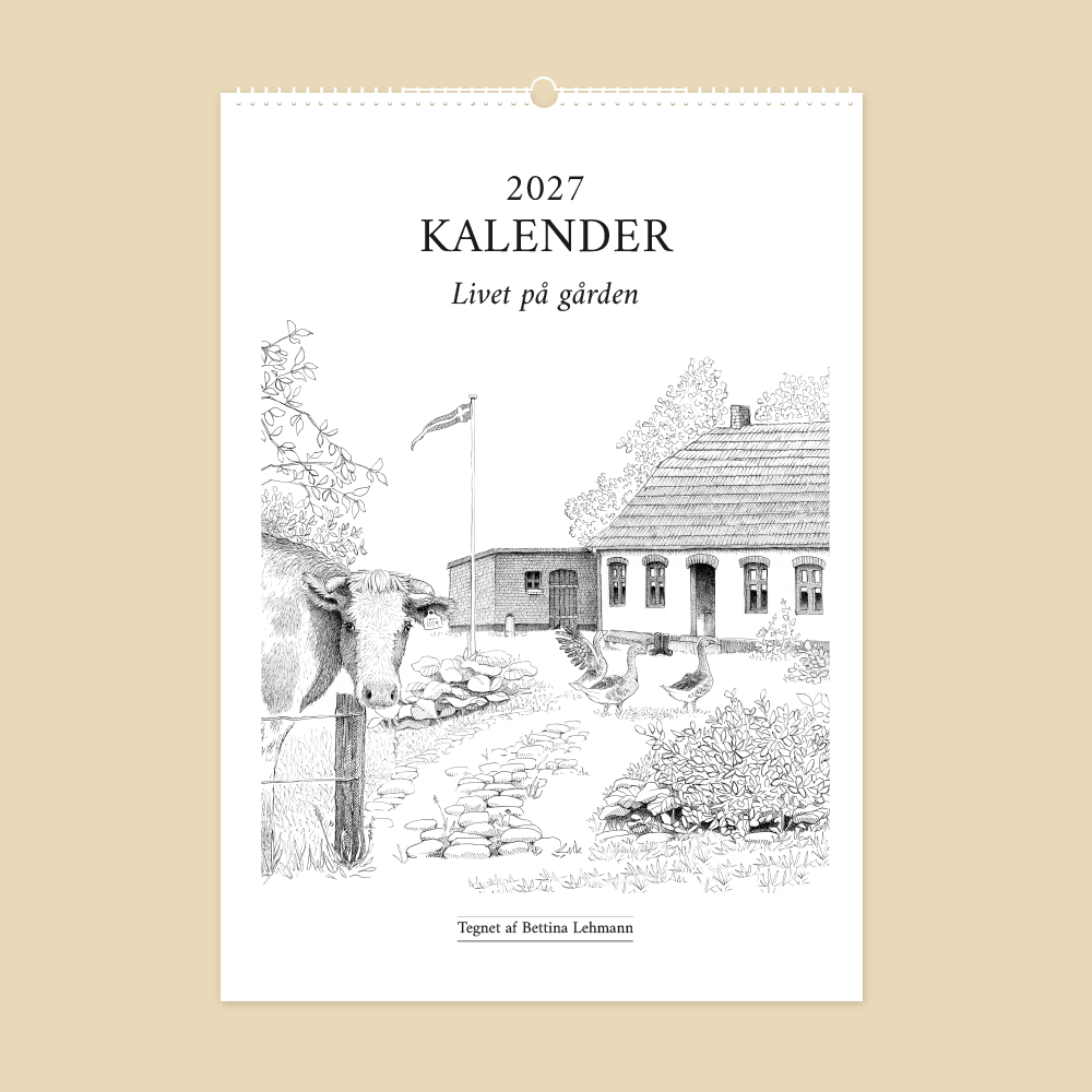 2027 kunstkalender. Livet på gården. 12 håndtegnede illustrationer af Bettina Lehmann.