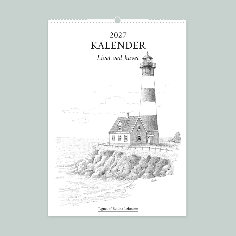 2027 kalender. Livet ved havet og den danske kyst. 12 håndtegnede illustrationer af Bettina Lehmann.