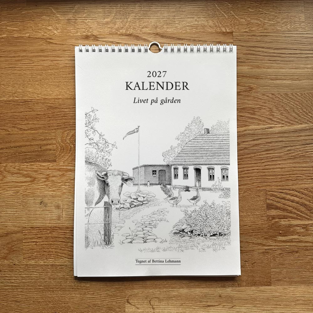 2027 kunstkalender. Livet på gården. 12 håndtegnede illustrationer af Bettina Lehmann.