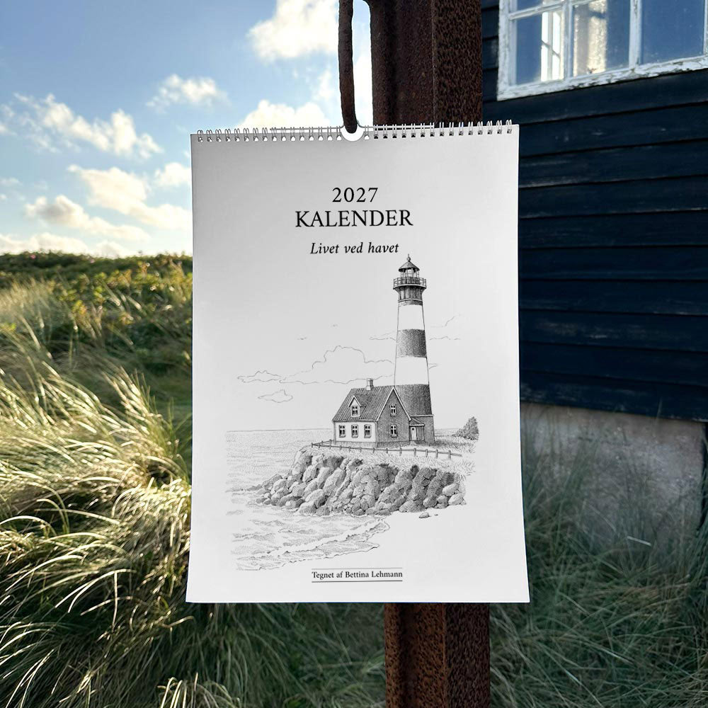 2027 kalender. Livet ved havet og den danske kyst. 12 håndtegnede illustrationer af Bettina Lehmann.