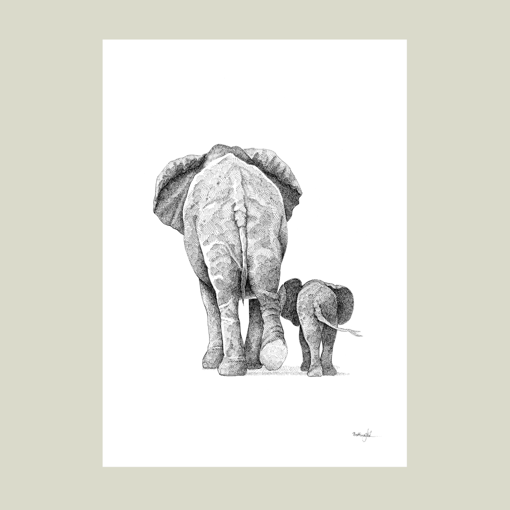 Håndtegnet familieplakat med elefanter – tre elefanter går side om side som symbol på kærlighed, tryghed og ubrydelige familiebånd.
