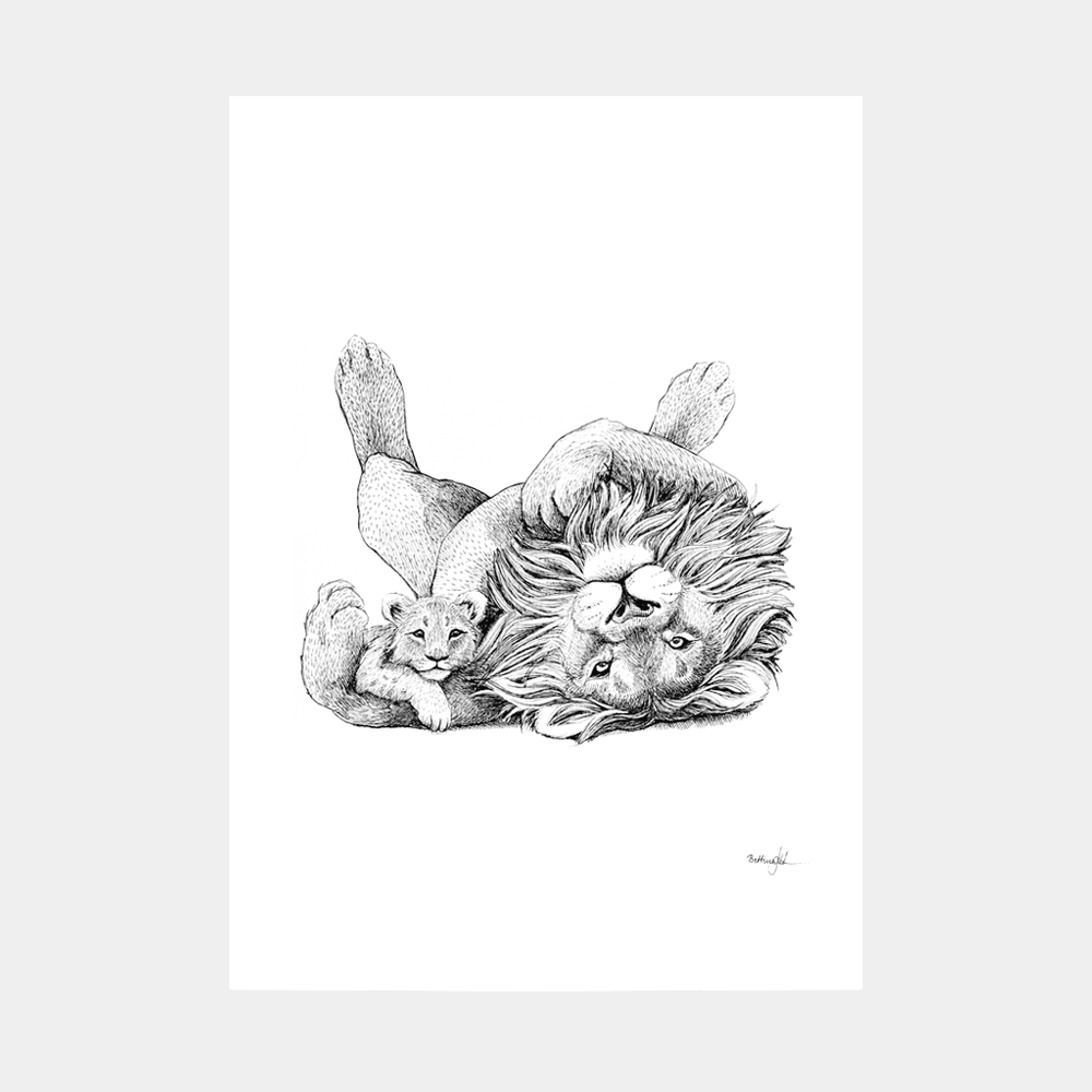 Håndtegnet familieplakat med løvefar og unger – symbol på kærlighed, tryghed og leg mellem far og børn.