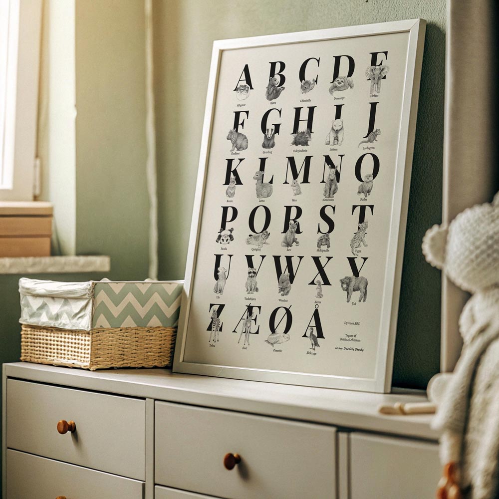Alfabet plakat – ABC illustrationer til børneværelse, perfekt gave til fødselsdag
