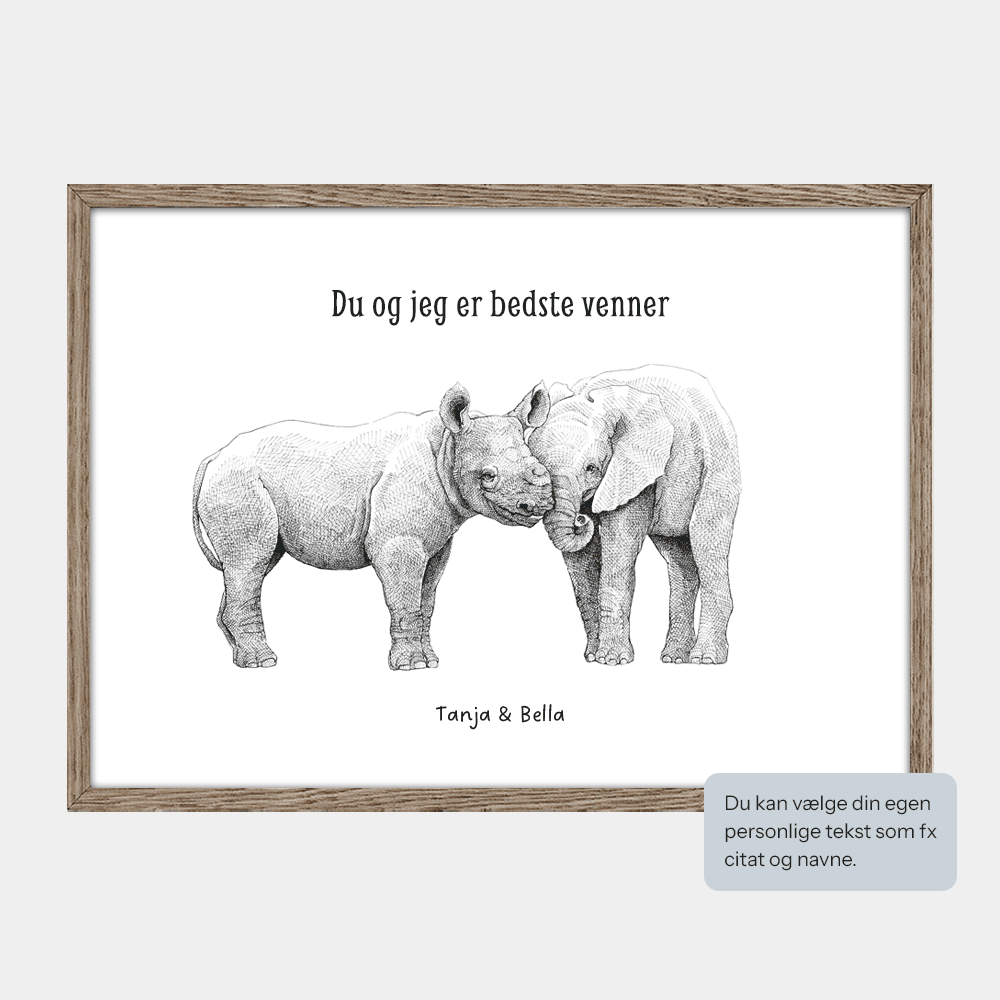 Børneplakat med dyr til både dreng og pige. Tekst 'Du og jeg er bedste venner' og navne. Tegnet i hånden af Bettina Lehmann.