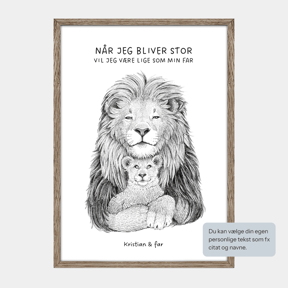 Børneplakat med løve til både dreng og pige. Personlig tekst 'Når jeg bliver stor' og navne. Tegnet i hånden af Bettina Lehmann.