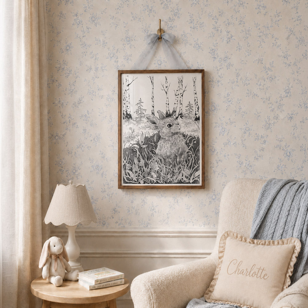 Børneplakat med lille hare til både dreng og pige. Tegnet i hånden af Bettina Lehmann.
