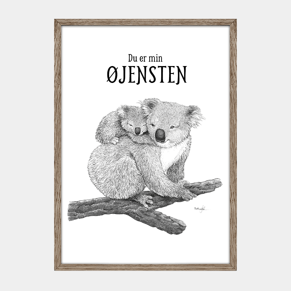 Børneplakat med dyr til både dreng og pige. Tekst 'Du er min øjensten'. Tegnet i hånden af Bettina Lehmann.