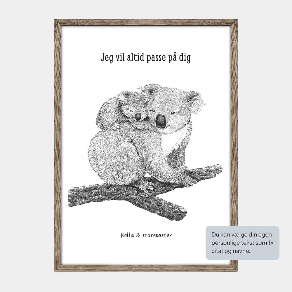 Børneplakat med dyr til både dreng og pige. Eksempeltekst 'Jeg vil altid passe på dig' og navne. Tegnet i hånden af Bettina Lehmann.