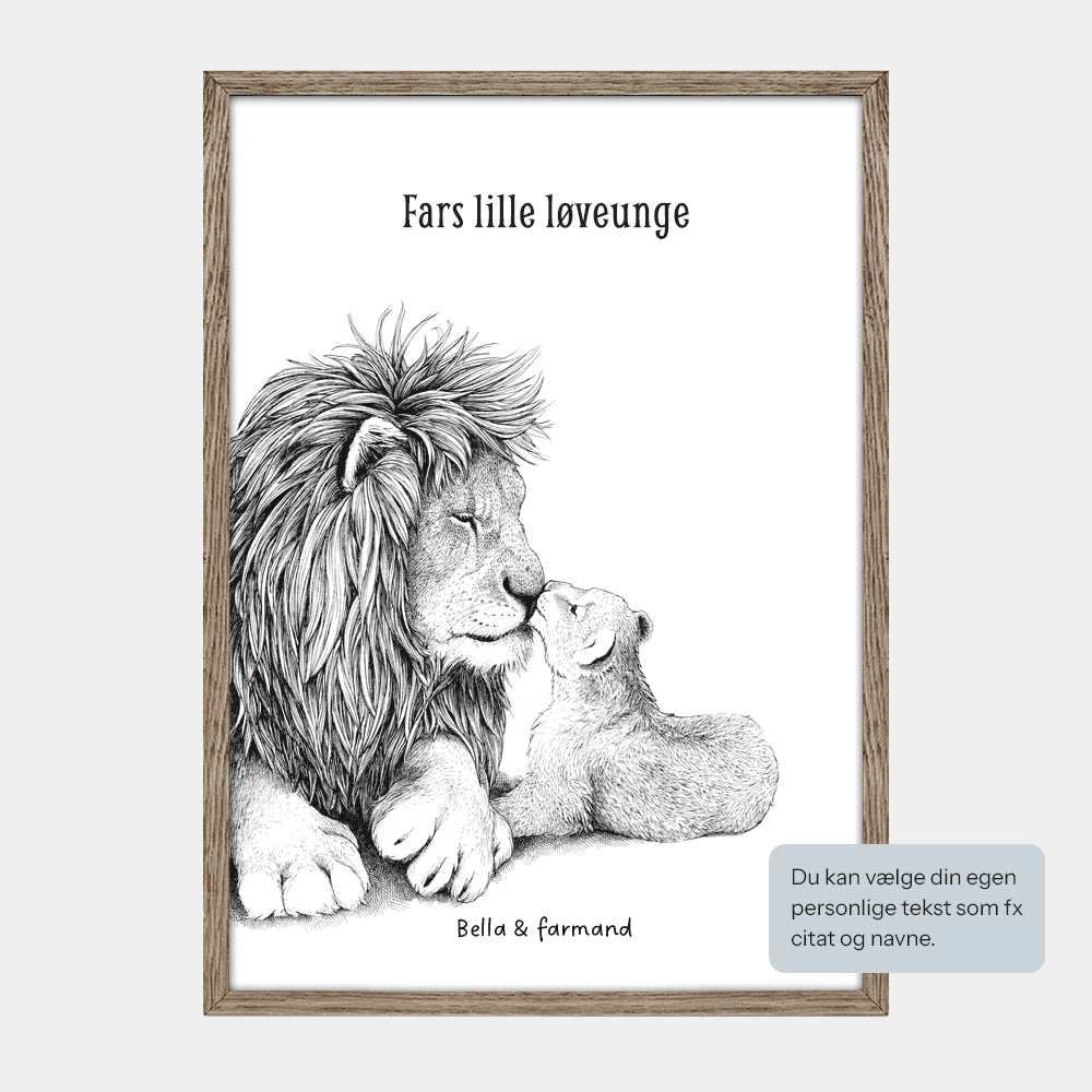 Børneplakat med løver til både dreng og pige. Personlig tekst 'Fars lille løveunge' og navne. Tegnet i hånden af Bettina Lehmann.