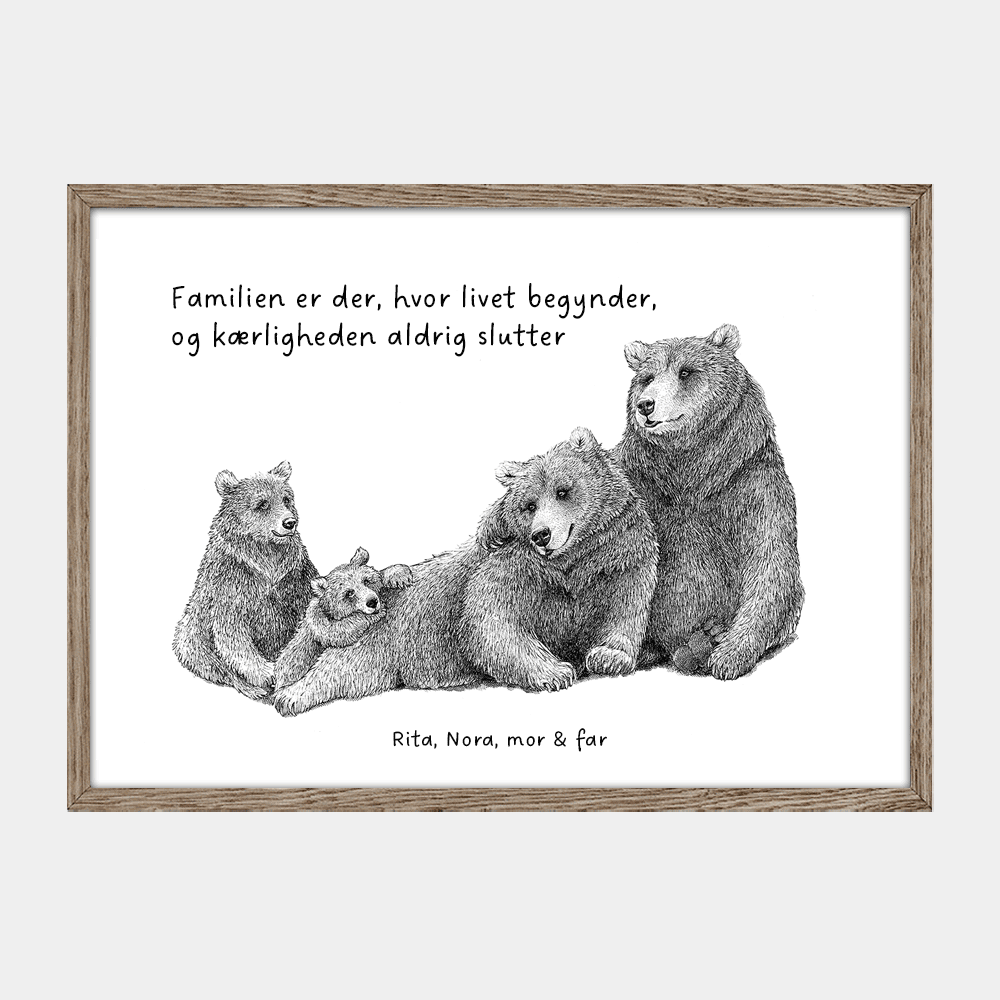 Personlig familieplakat med bjørne og to unger. Tilføj navne og fx et citat. "Familien er der hvor livet begynder og kærligheden aldrig slutter"