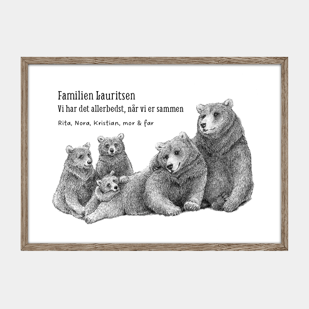 Personlig familieplakat med bjørne og tre unger. Tilføj navne og fx et citat. "Vi har det allerbedst, når vi er sammen"