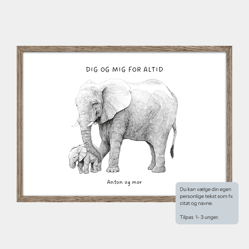 Personlig familieplakat med elefant og en unge. Tilføj navne og fx et citat. "Dig og mig for altid"